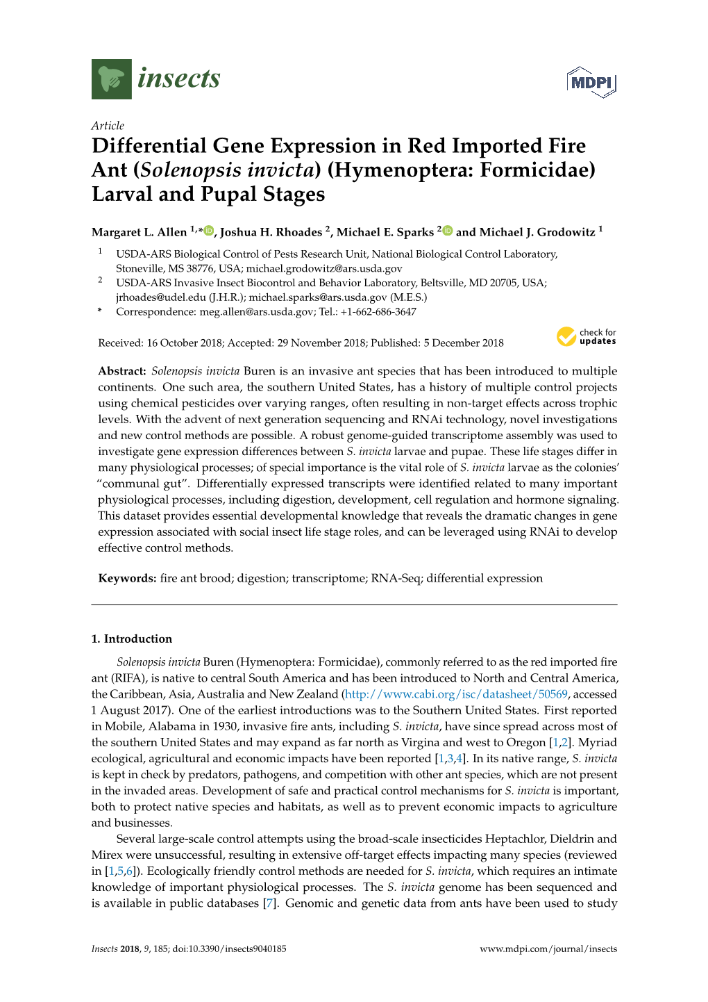 Differential Gene Expression in Red Imported Fire Ant (Solenopsis Invicta) (Hymenoptera: Formicidae) Larval and Pupal Stages