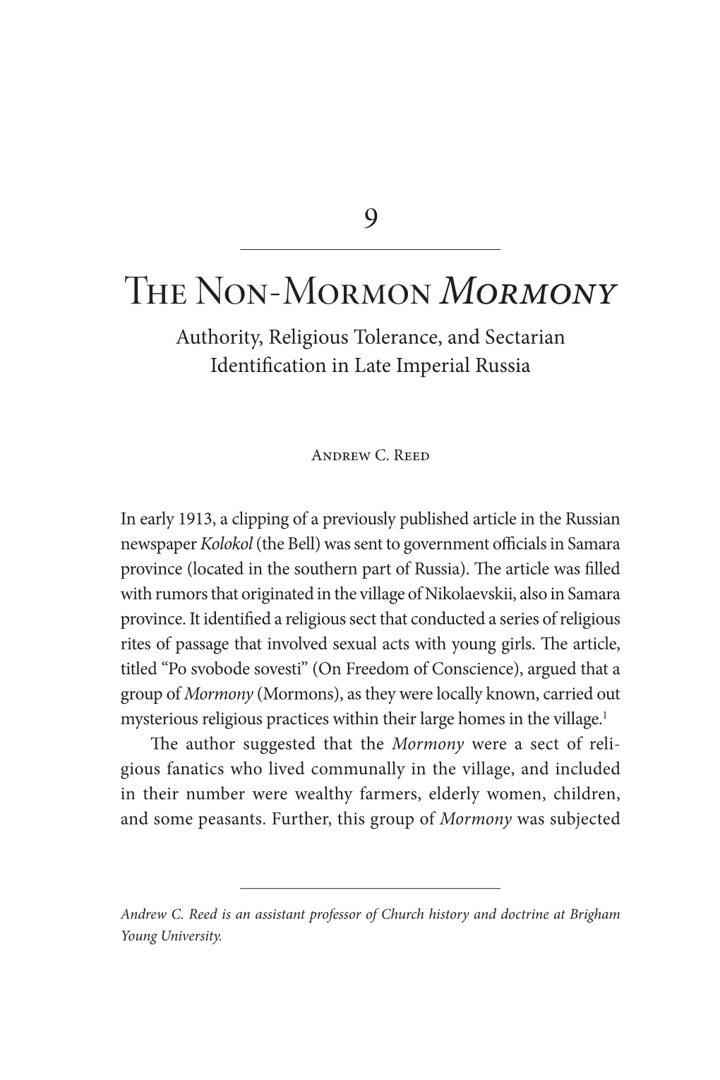 The Non-Mormon Mormony Authority, Religious Tolerance, and Sectarian Identification in Late Imperial Russia