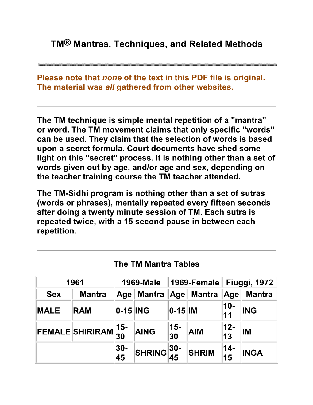 TM® Mantras, Techniques, and Related Methods