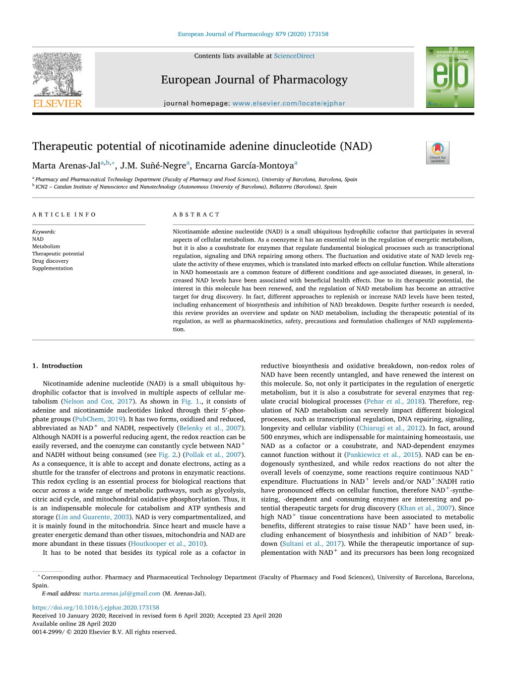 Therapeutic Potential of Nicotinamide Adenine Dinucleotide (NAD) T ∗ Marta Arenas-Jala,B, , J.M