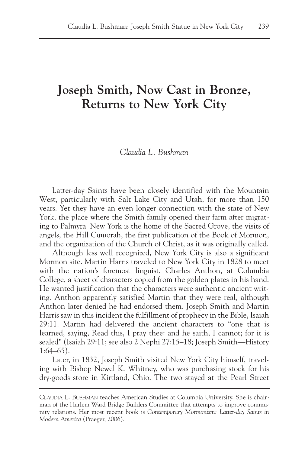 Joseph Smith, Now Cast in Bronze, Returns to New York City