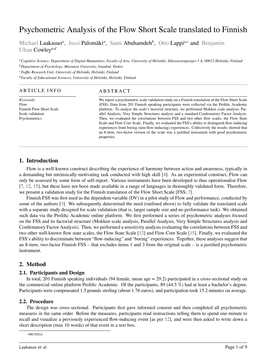 Psychometric Analysis of the Flow Short Scale Translated to Finnish