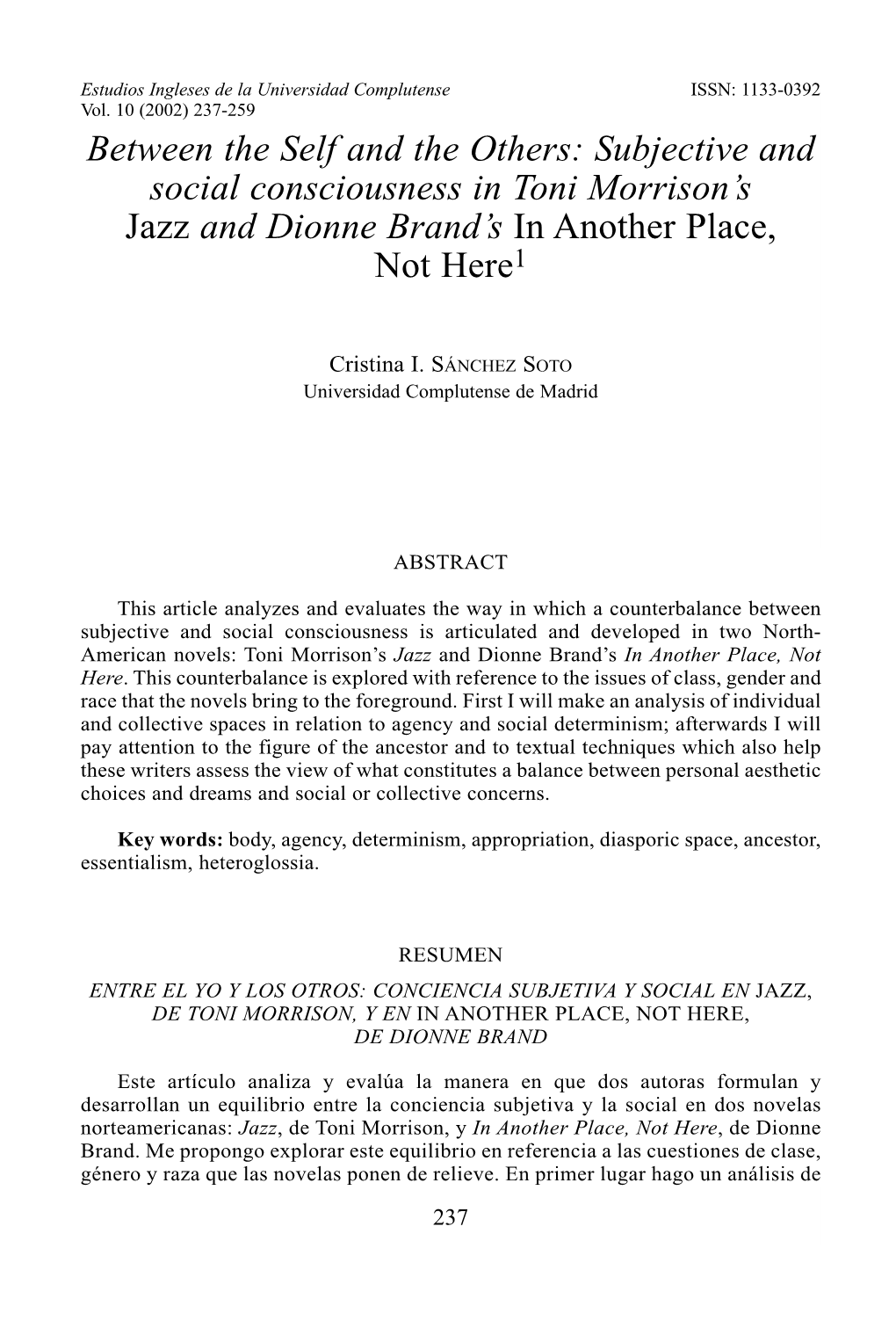 Subjective and Social Consciousness in Toni Morrison's Jazz and Dionne