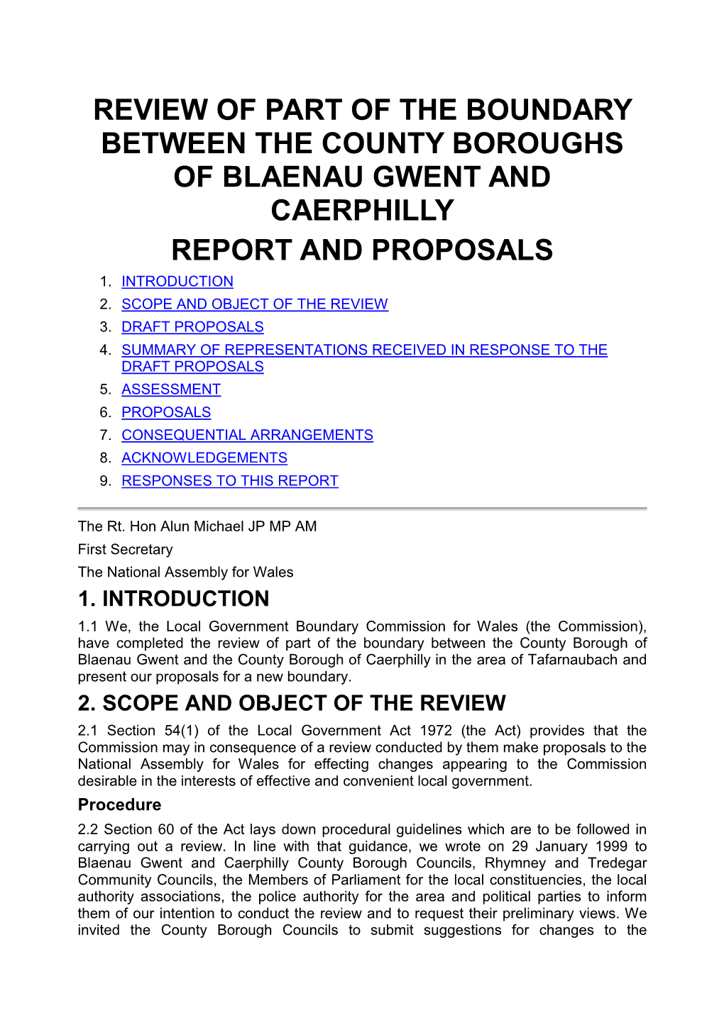 Review of Part of the Boundary Between the County Boroughs of Blaenau Gwent and Caerphilly Report and Proposals 1