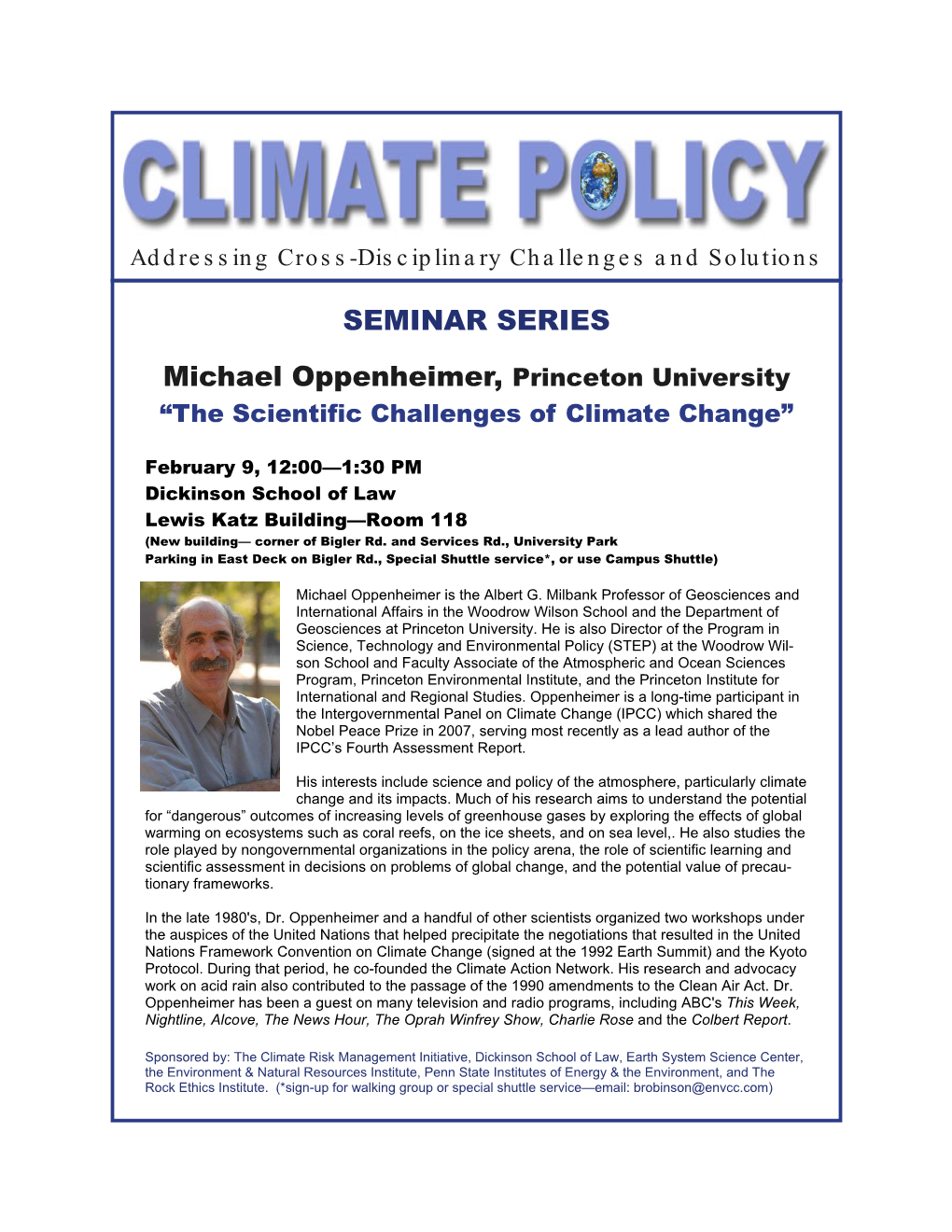 Michael Oppenheimer, Princeton University SEMINAR SERIES