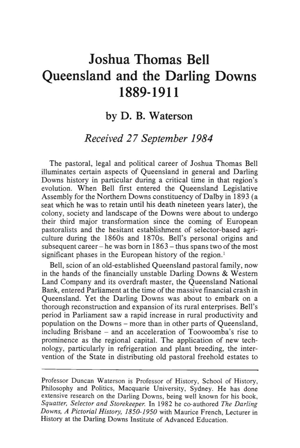 Joshua Thomas Bell Queensland and the Darling Downs 1889-1911 by D