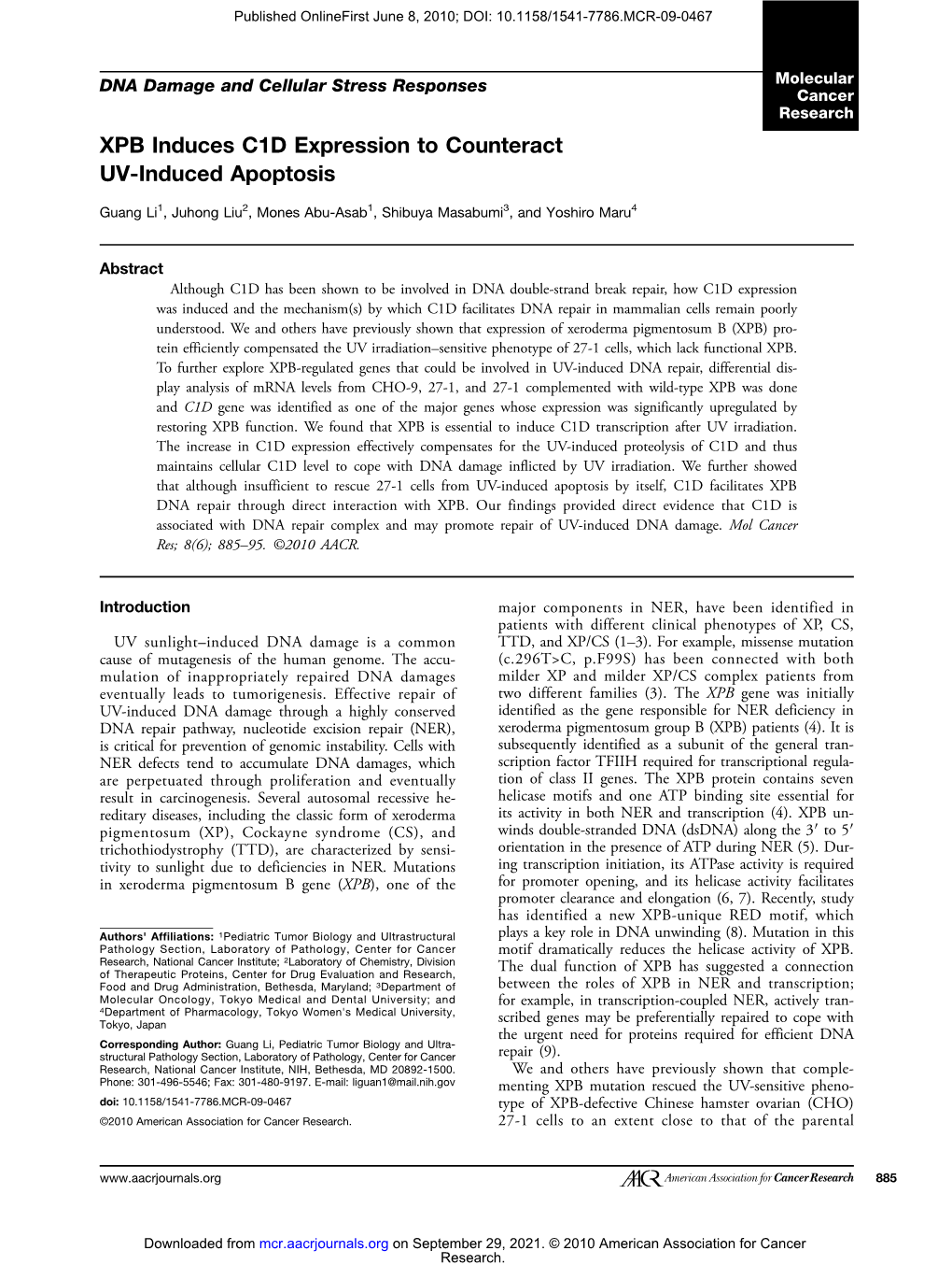 XPB Induces C1D Expression to Counteract UV-Induced Apoptosis