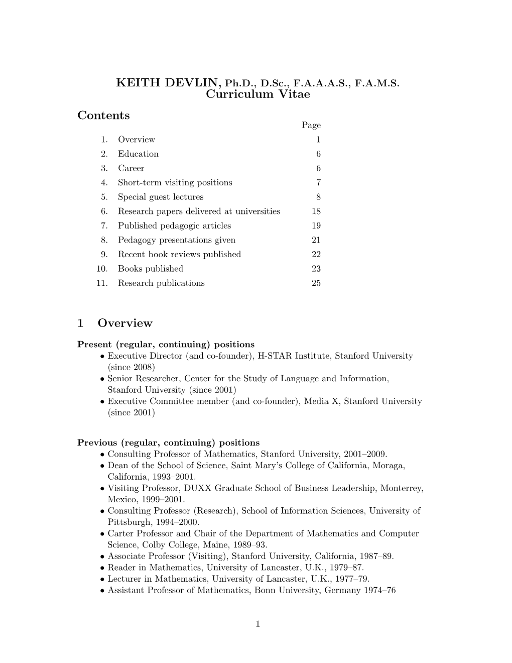 Curriculum Vitae Contents 1 Overview