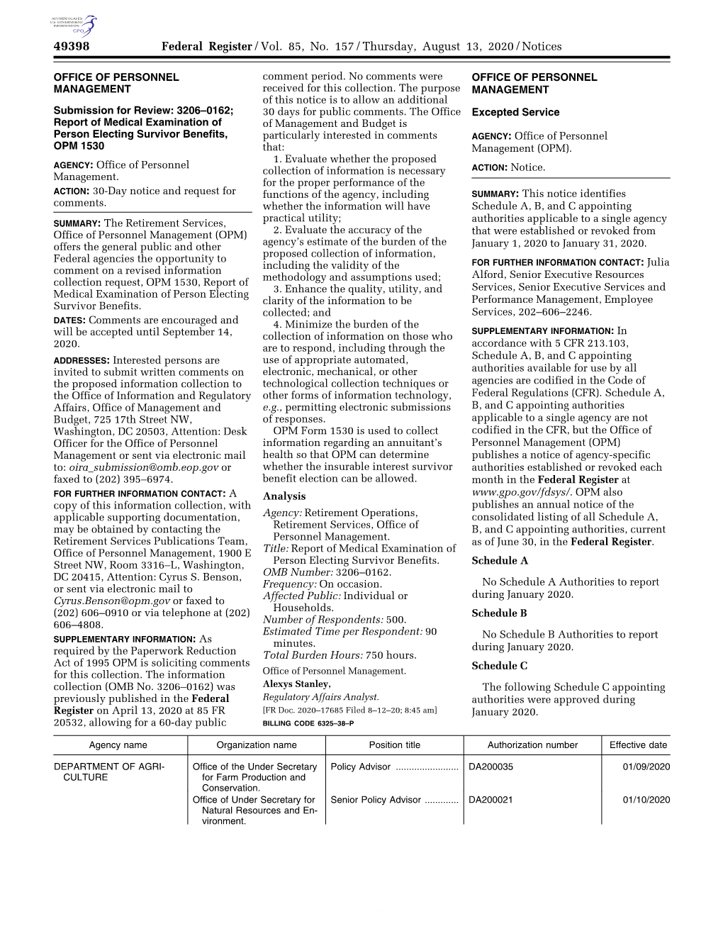 Federal Register/Vol. 85, No. 157/Thursday, August 13, 2020