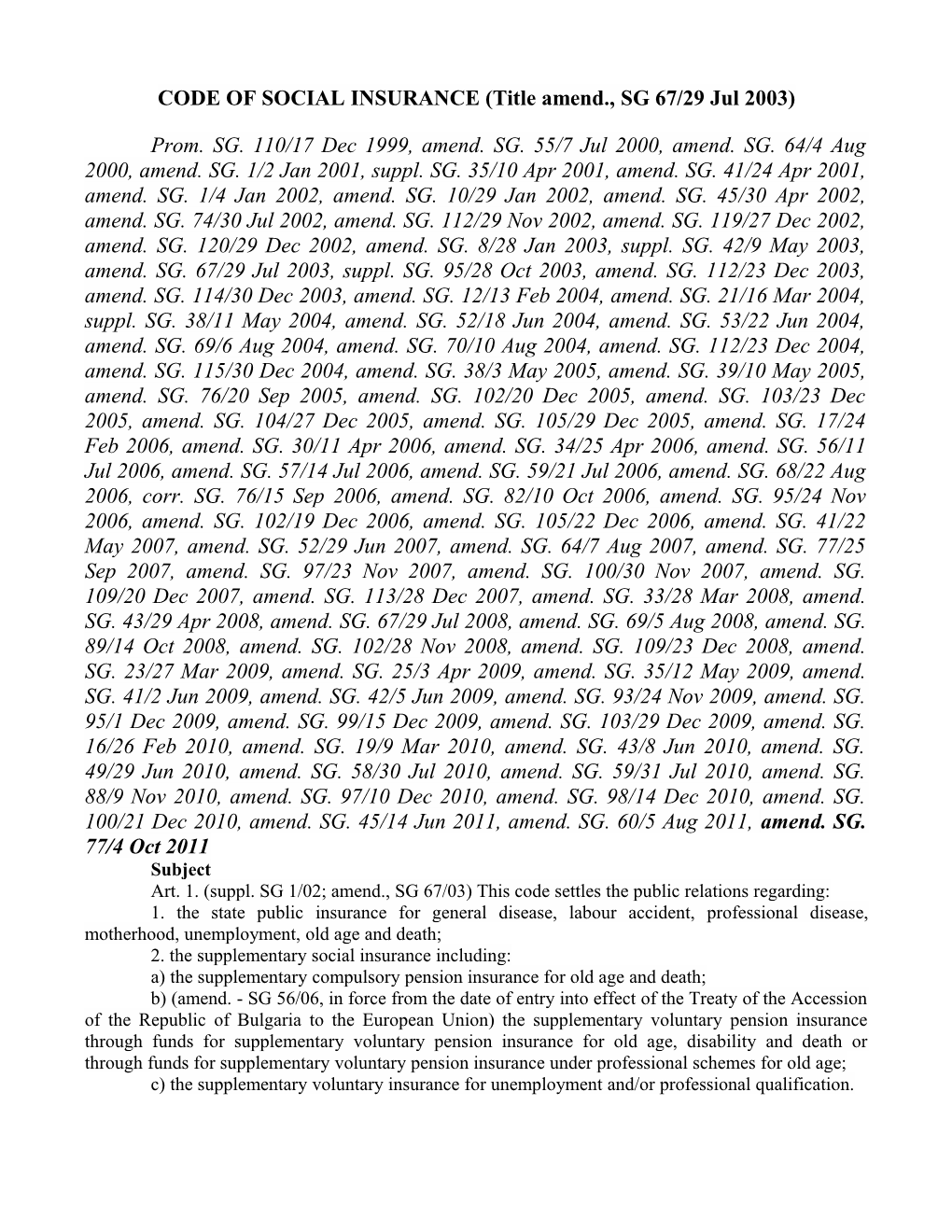 CODE of SOCIAL INSURANCE (Title Amend