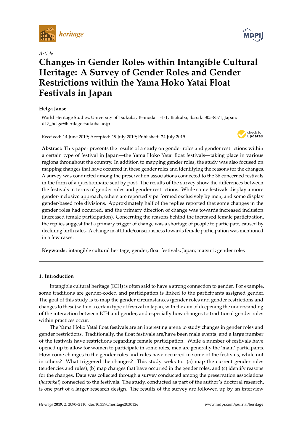 Changes in Gender Roles Within Intangible Cultural Heritage: a Survey of Gender Roles and Gender Restrictions Within the Yama Hoko Yatai Float Festivals in Japan