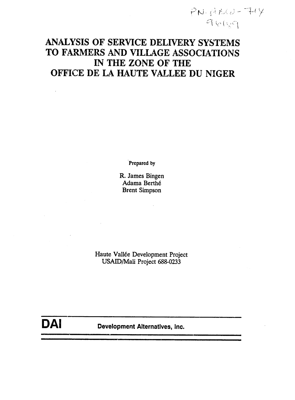 Analysis of Service Delivery Systems to Farmers and Village Associations in the Zone of the Office De La Haute Vallee Du Niger