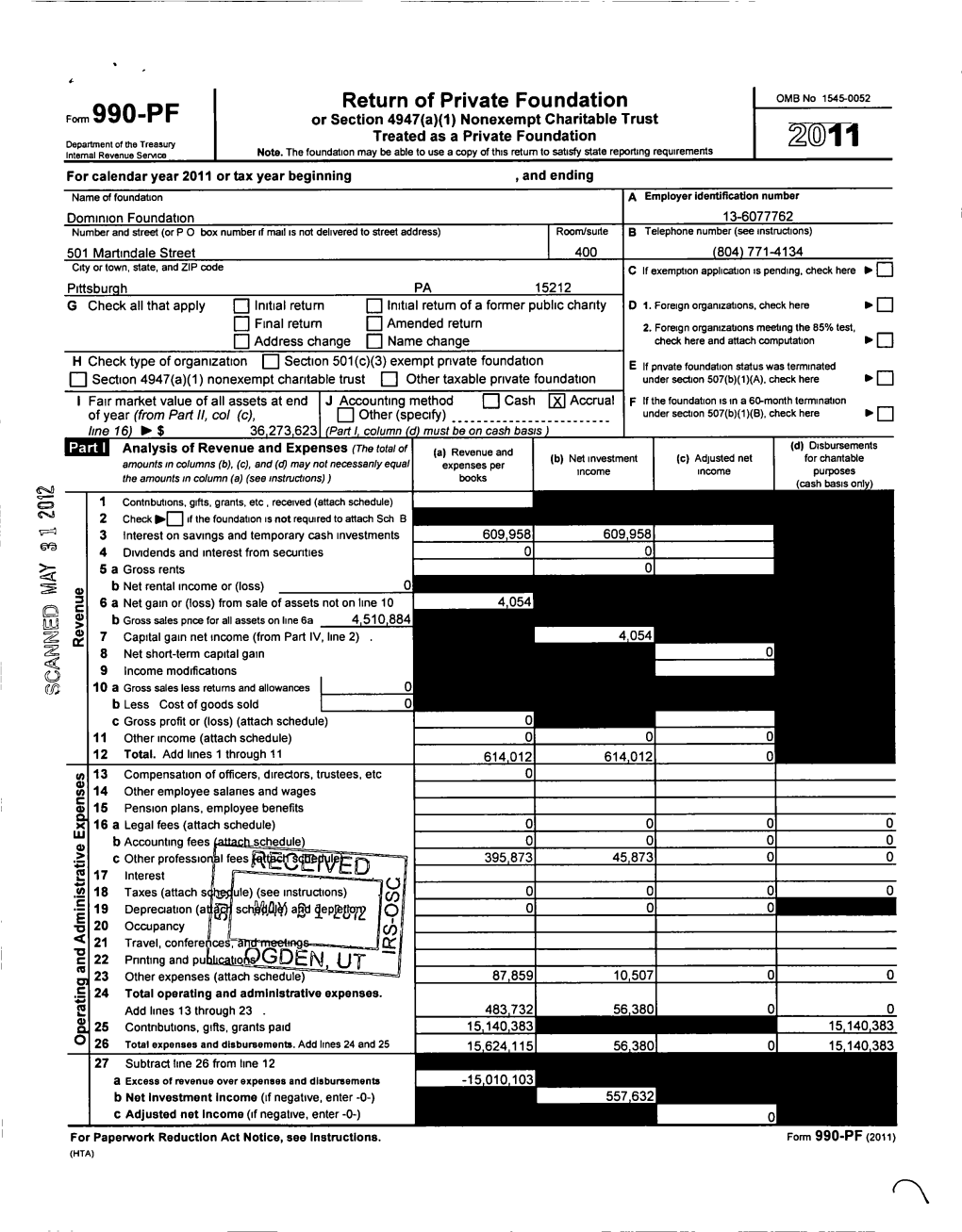 Fom,990-PF Or Section 4947(A)(1) Nonexempt Charitable Trust Treated As a Private Foundation Department of the Treasury Note