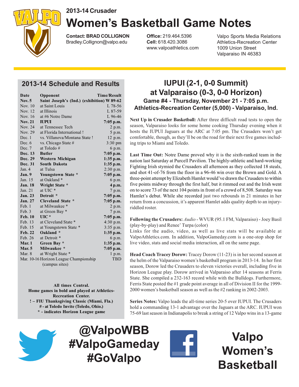 Women's Basketball Game Notes @Valpowbb Valpo Women's