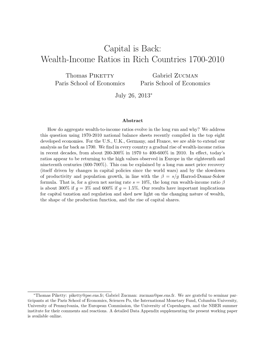 Capital Is Back: Wealth-Income Ratios in Rich Countries 1700-2010