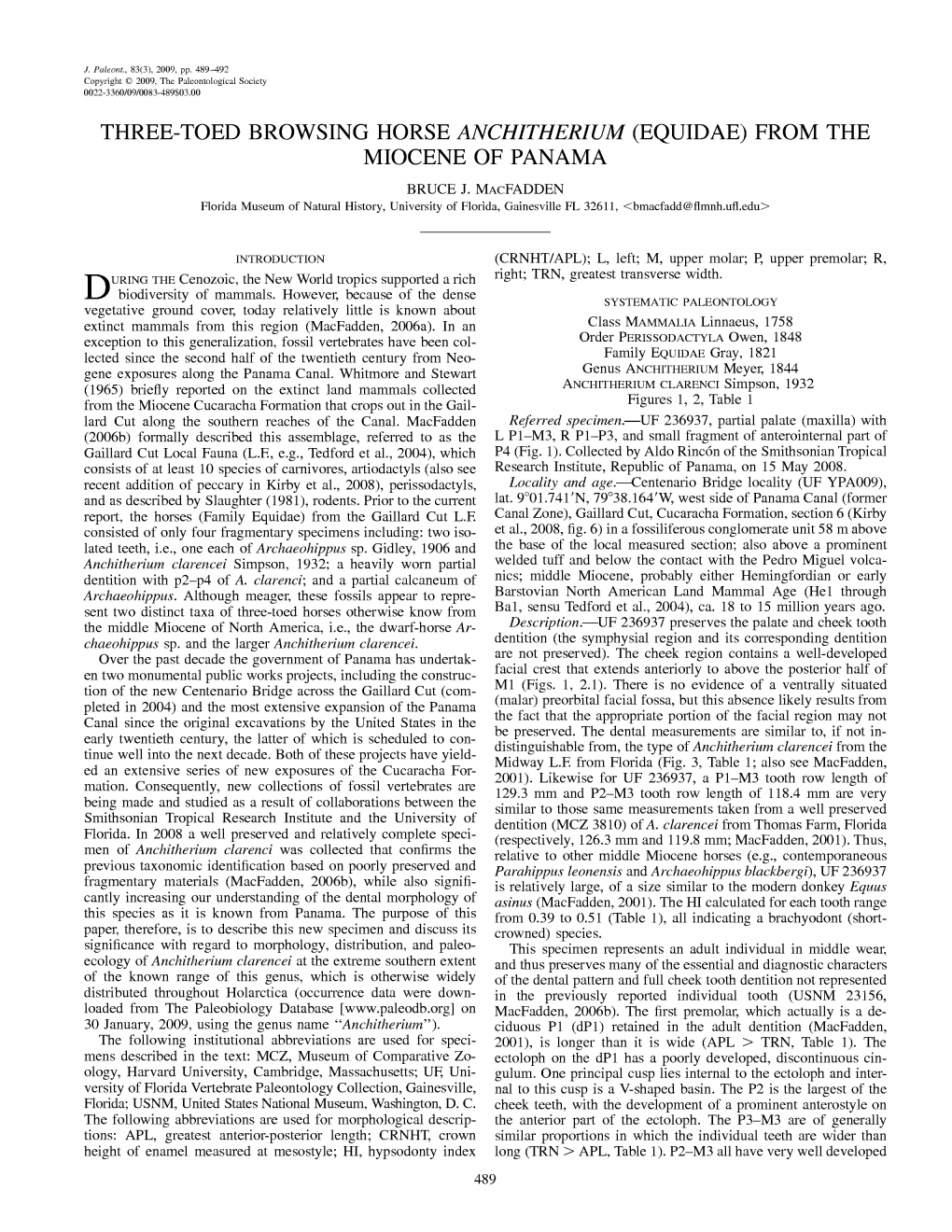 Three-Toed Browsing Horse Anchitherium (Equidae) from the Miocene of Panama