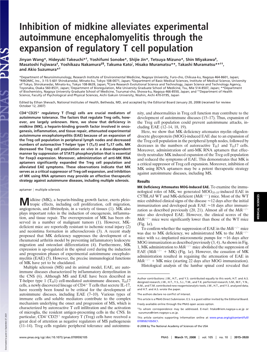 Inhibition of Midkine Alleviates Experimental Autoimmune Encephalomyelitis Through the Expansion of Regulatory T Cell Population