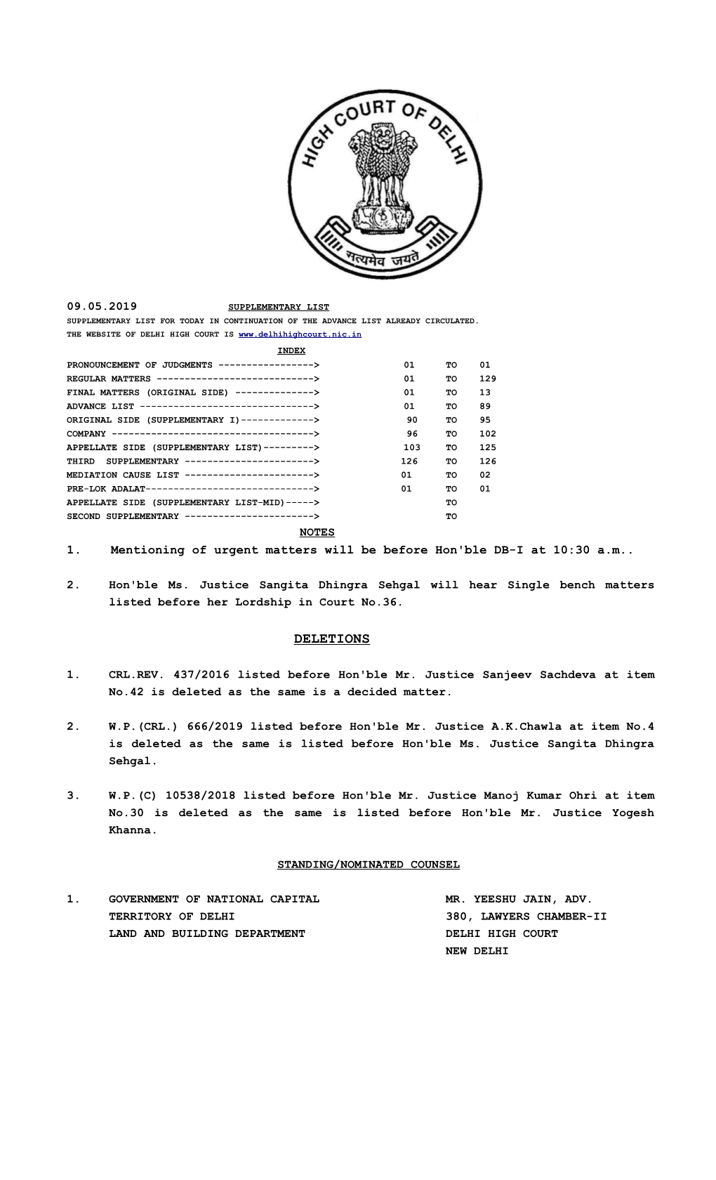 09.05.2019 Supplementary List Supplementary List for Today in Continuation of the Advance List Already Circulated