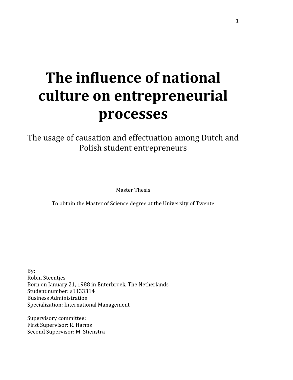 The Influence of National Culture on Entrepreneurial Processes