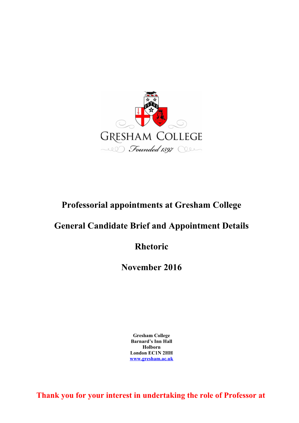 Professorial Appointments at Gresham College