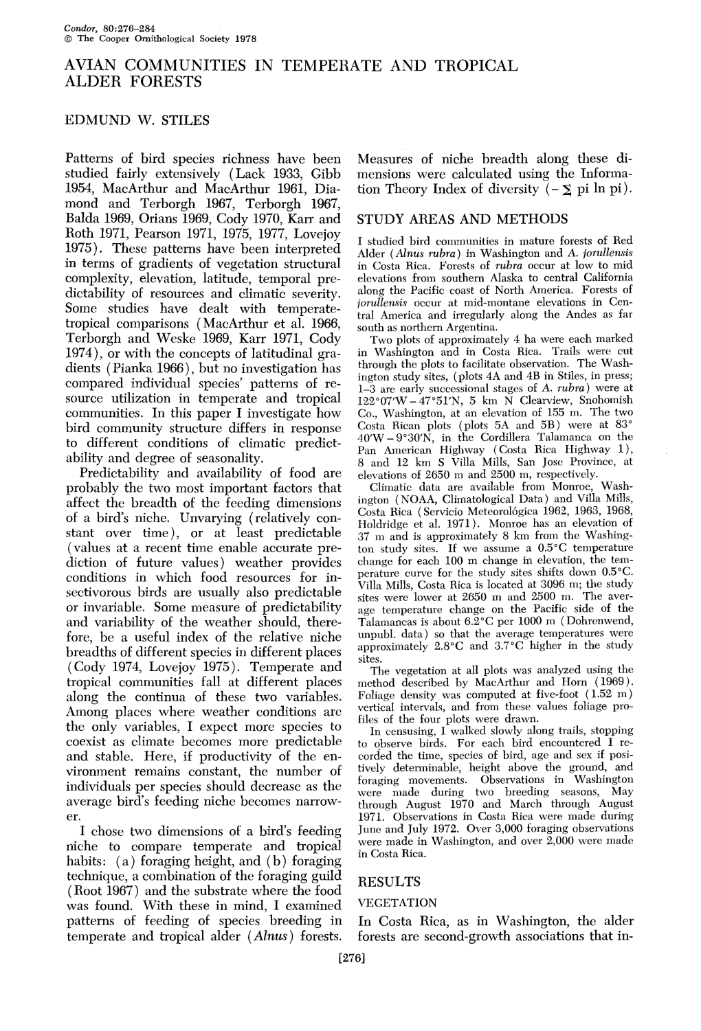 Avian Communities in Temperate and Tropical Alder Forests