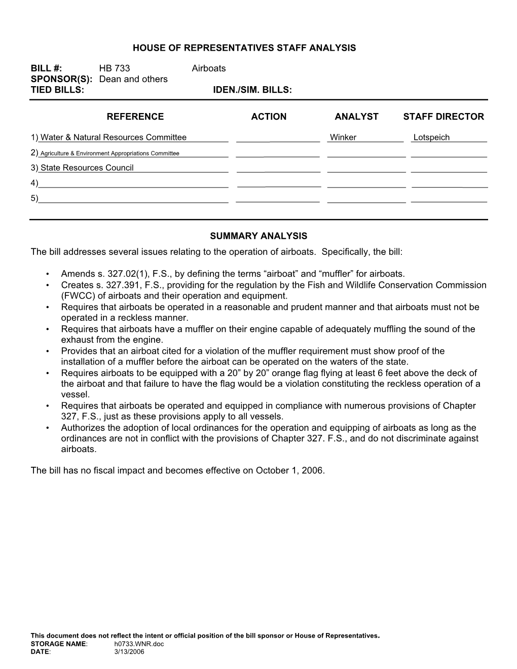 House of Representatives Staff Analysis Bill #: Hb 733