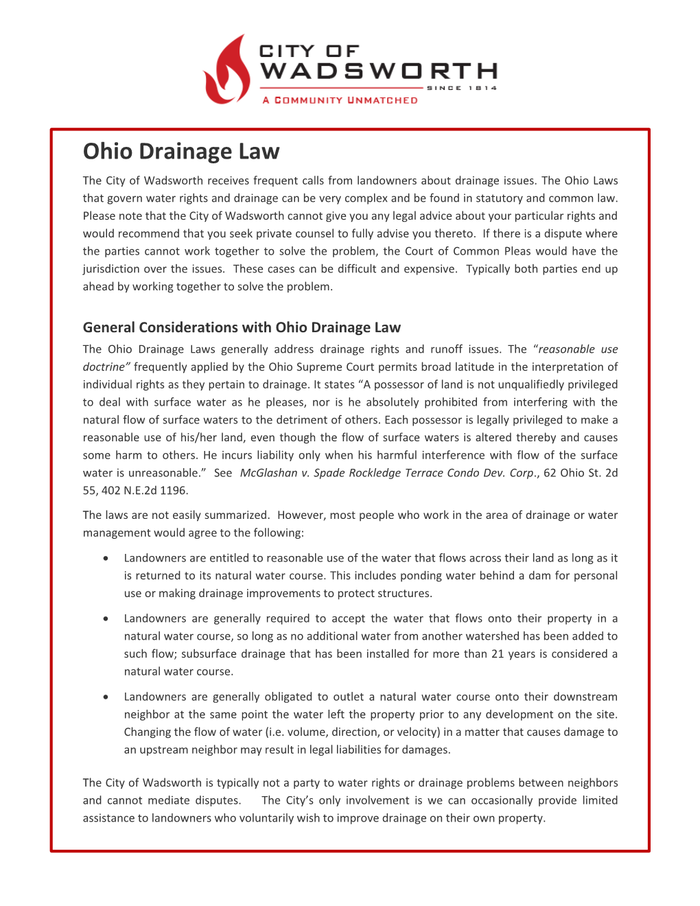 Ohio Drainage Law the City of Wadsworth Receives Frequent Calls from Landowners About Drainage Issues