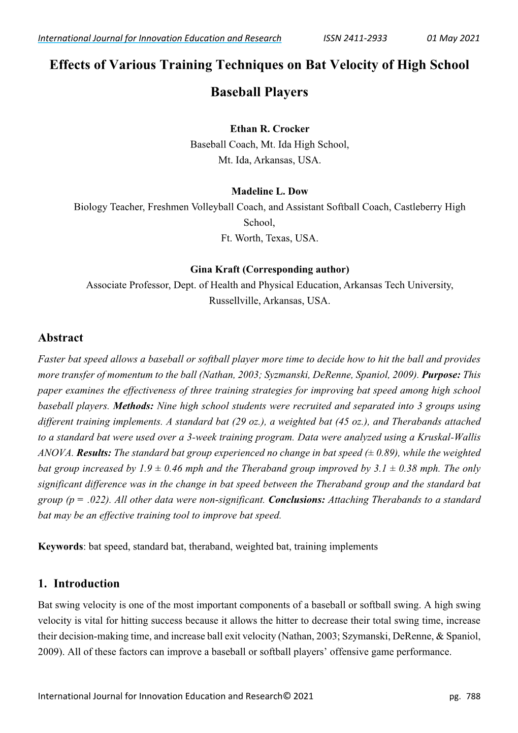 Effects of Various Training Techniques on Bat Velocity of High School Baseball Players