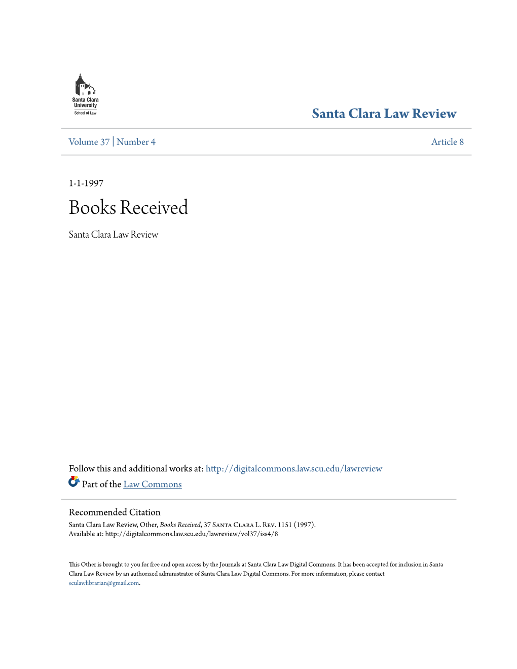 Books Received Santa Clara Law Review