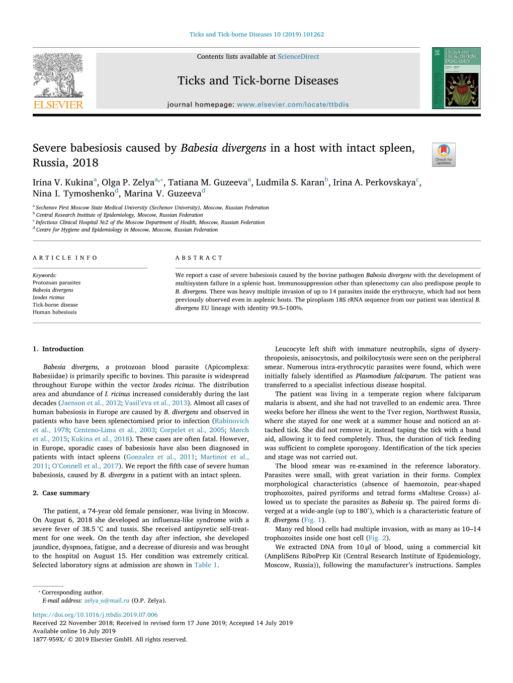 Severe Babesiosis Caused by Babesia Divergens in a Host with Intact Spleen, Russia, 2018 T ⁎ Irina V