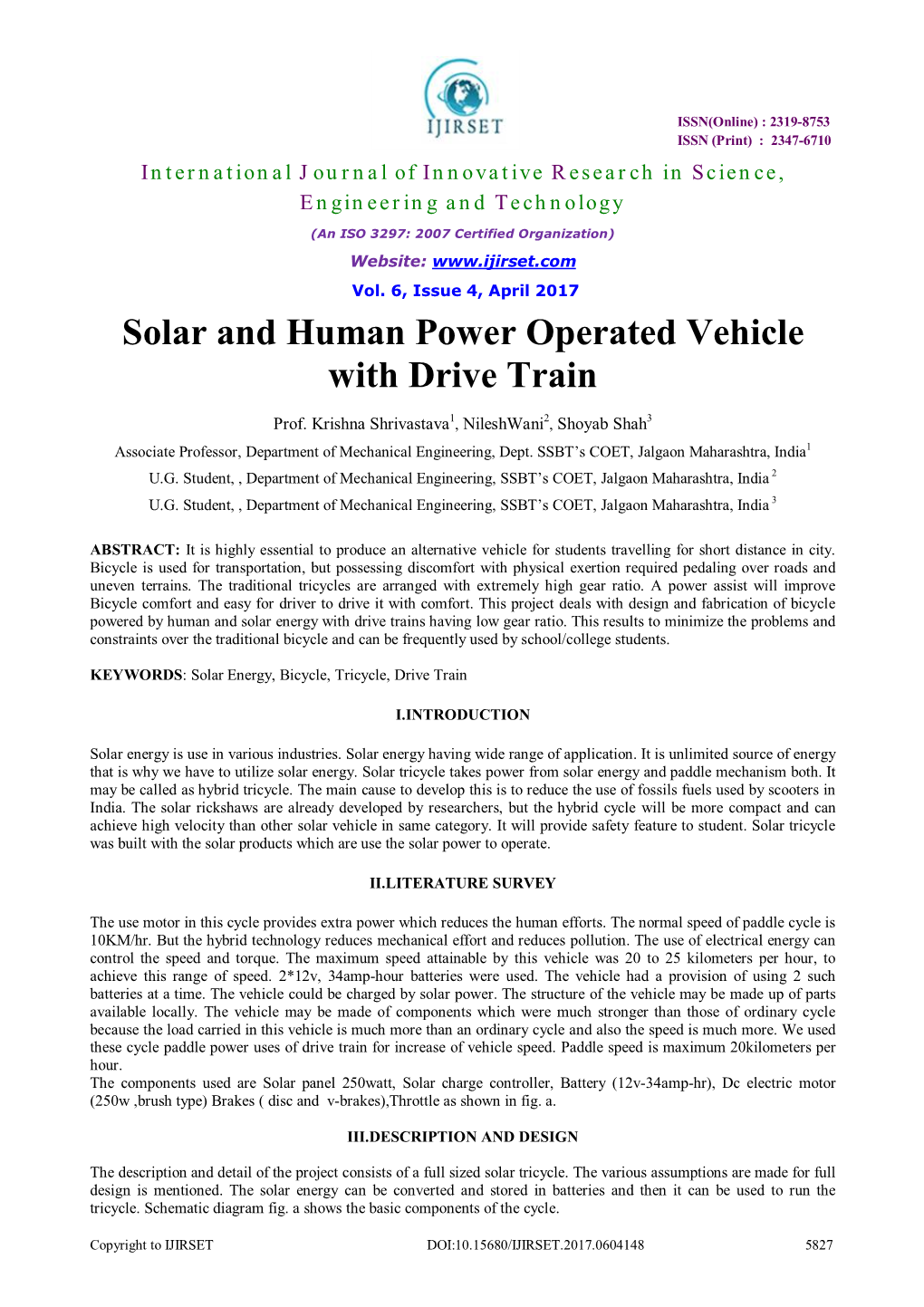 Solar and Human Power Operated Vehicle with Drive Train