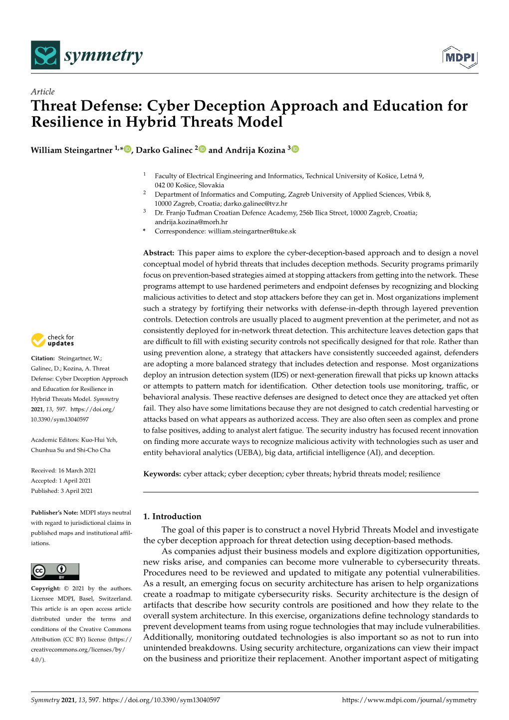 Threat Defense: Cyber Deception Approach and Education for Resilience in Hybrid Threats Model