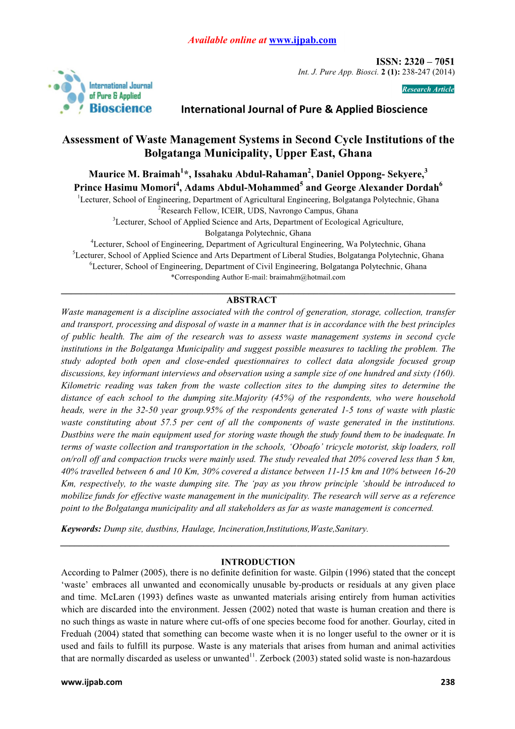 Assessment of Waste Management Systems in Second Cycle Institutions of the Bolgatanga Municipality, Upper East, Ghana Maurice M