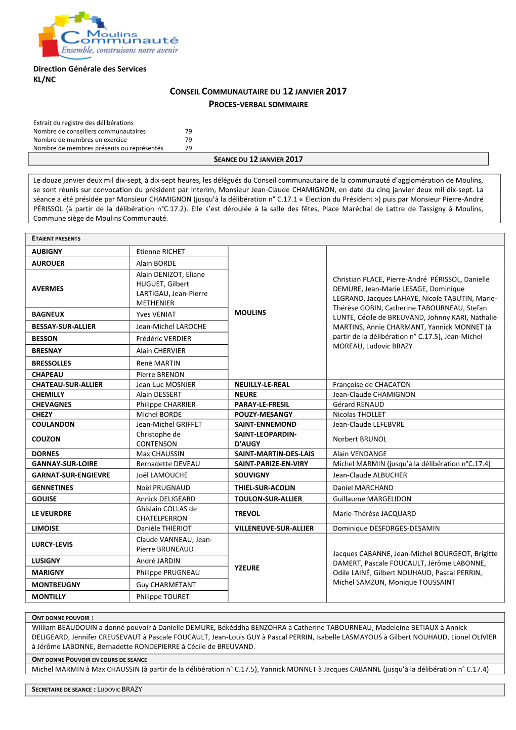 Conseil Communautaire Du 12 Janvier 2017 Proces-Verbal Sommaire