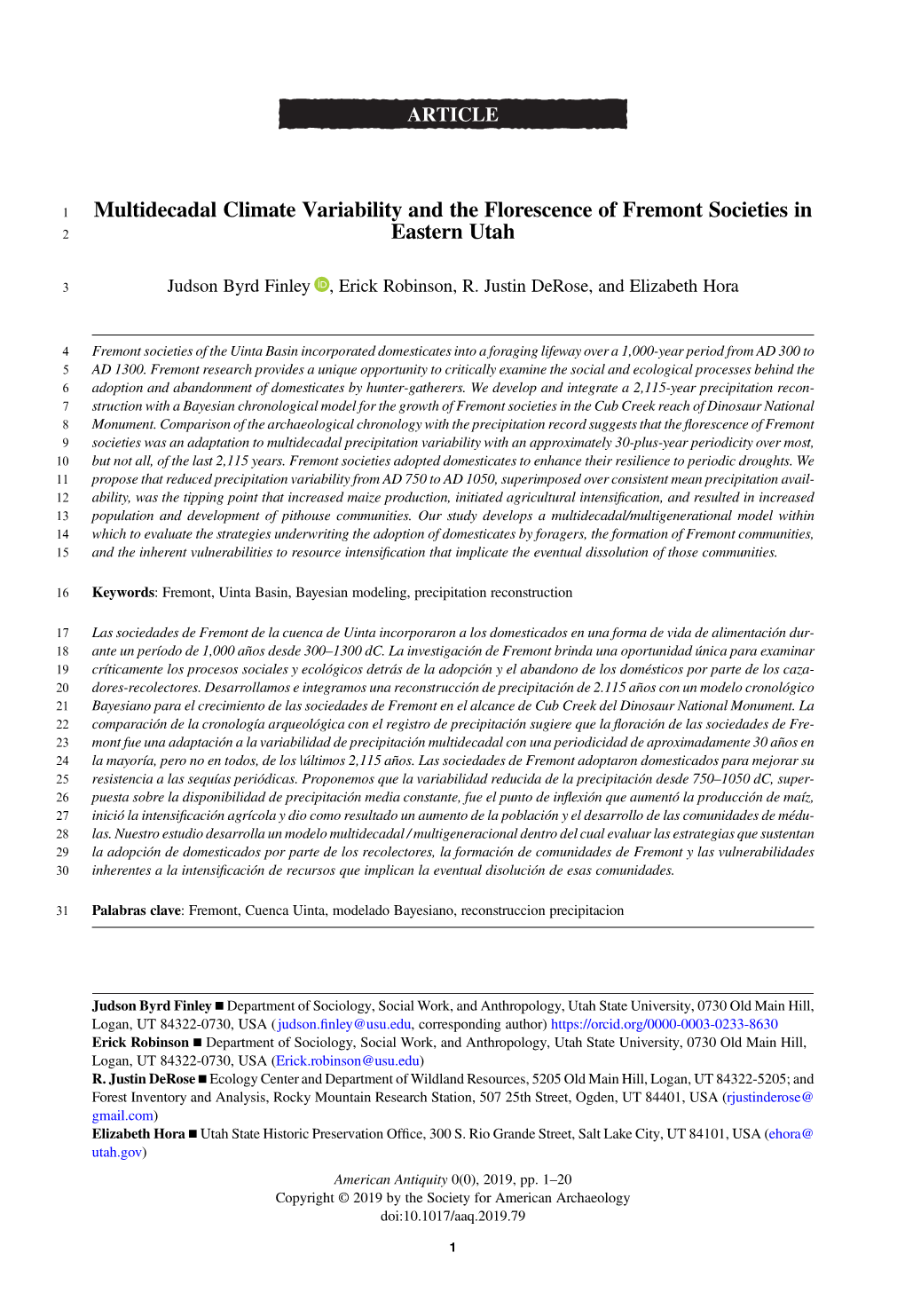 Multidecadal Climate Variability and the Florescence of Fremont Societies in 2 Eastern Utah