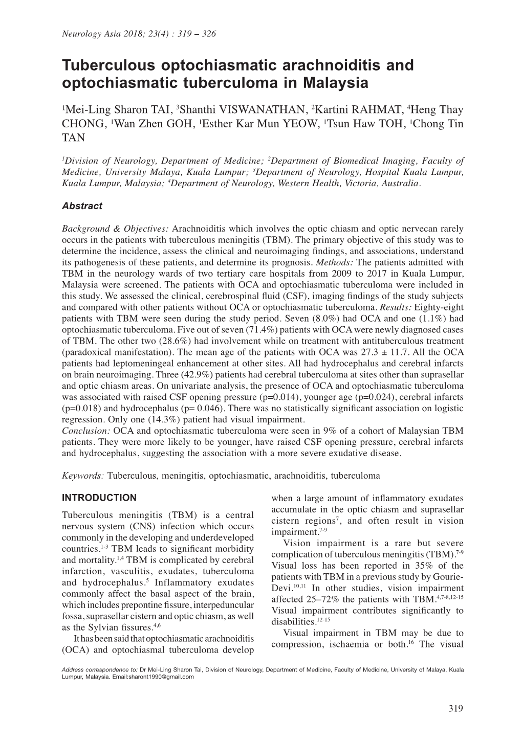 Tuberculous Optochiasmatic Arachnoiditis and Optochiasmatic Tuberculoma in Malaysia