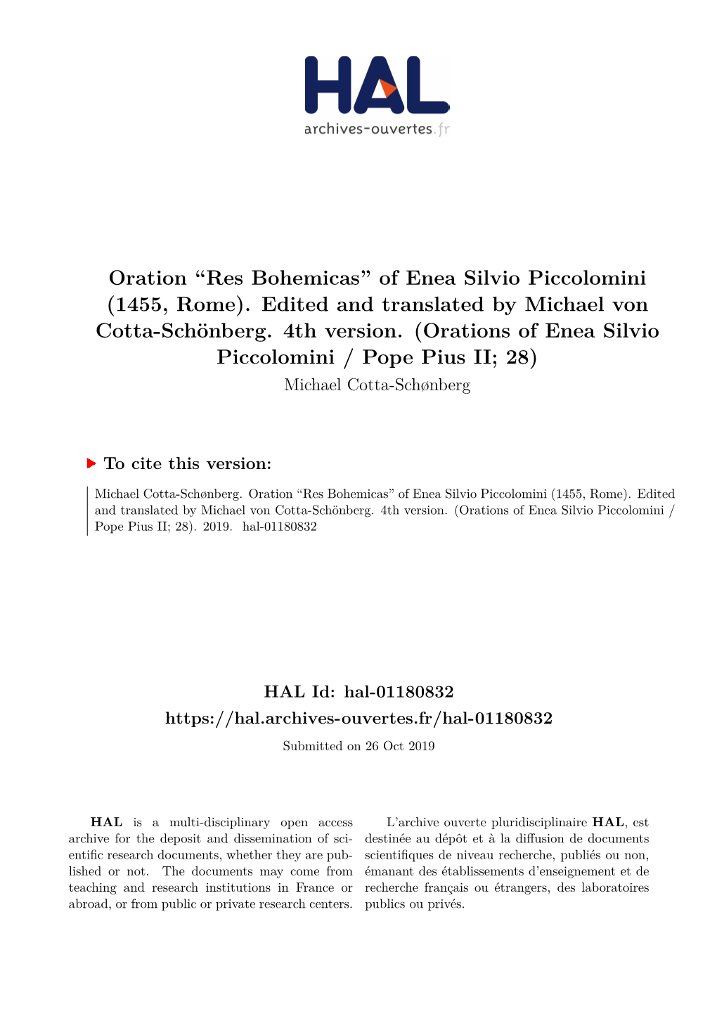 Oration “Res Bohemicas” of Enea Silvio Piccolomini (1455, Rome)