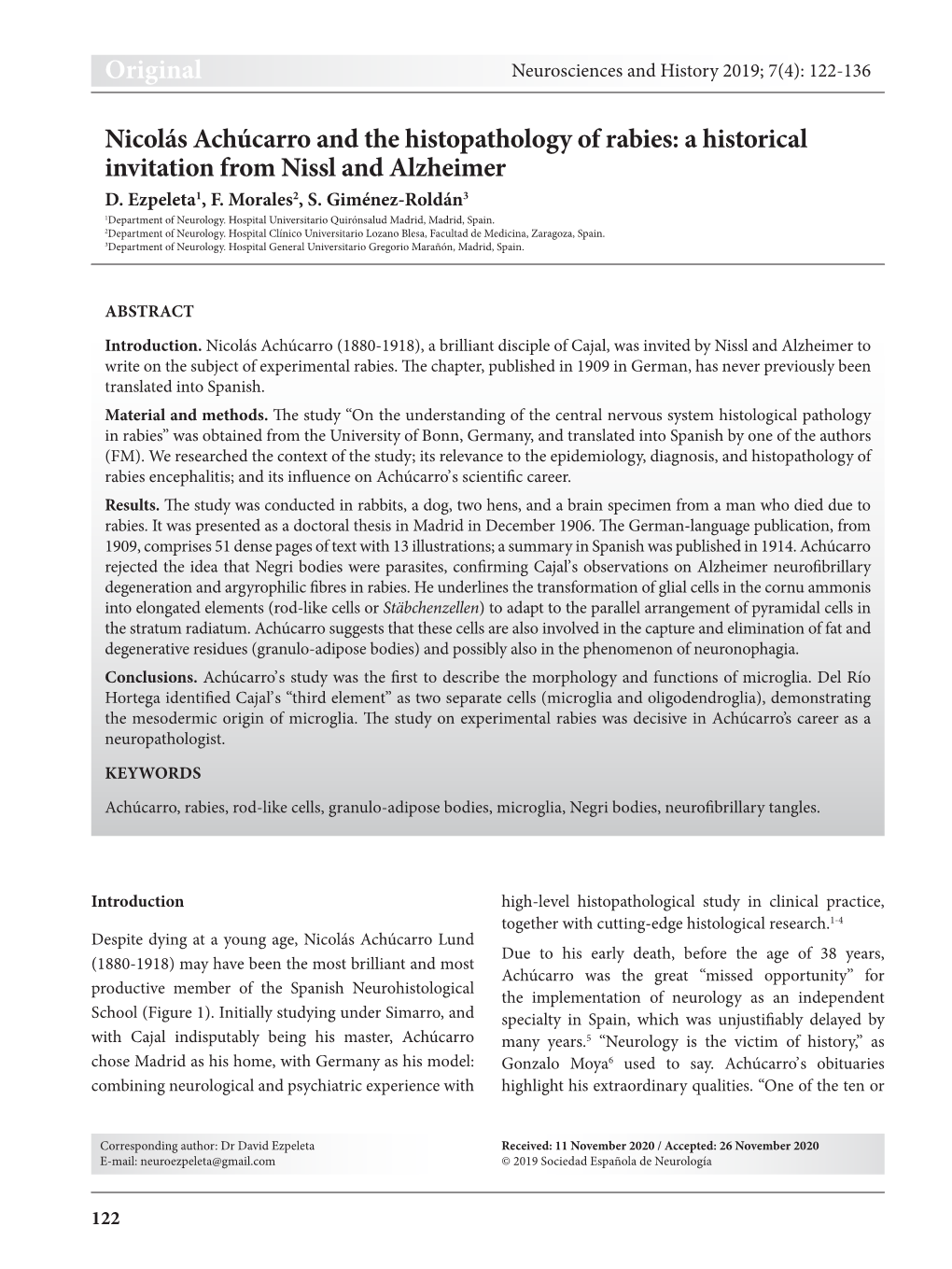 Original Nicolás Achúcarro and the Histopathology of Rabies: A