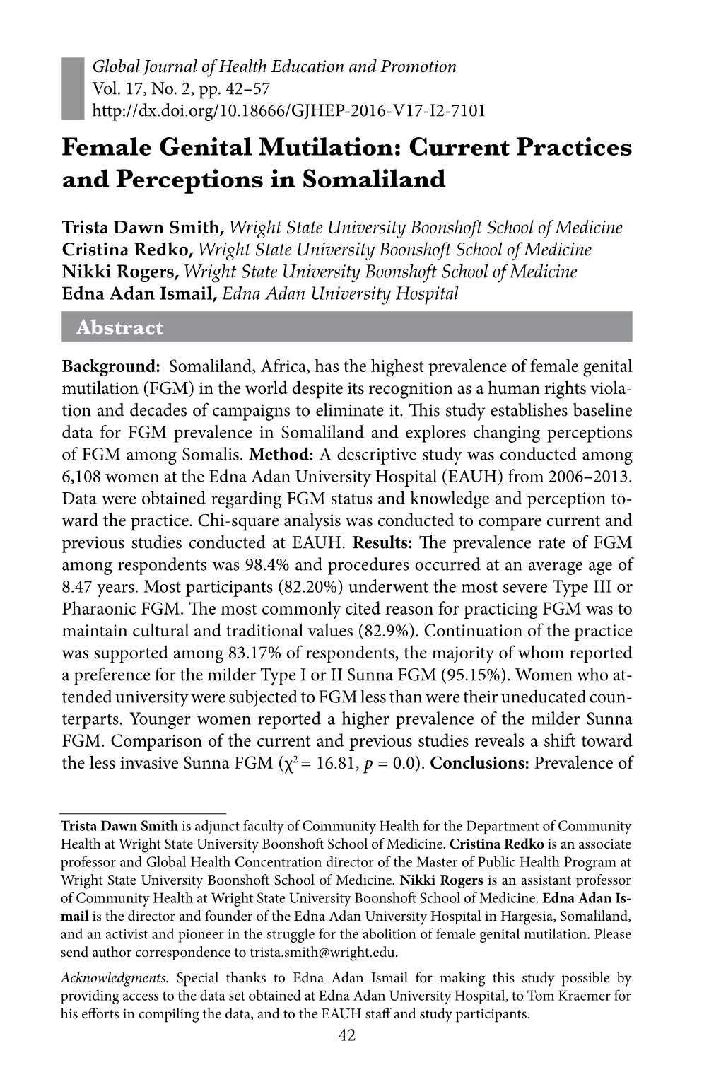 Female Genital Mutilation: Current Practices and Perceptions in Somaliland