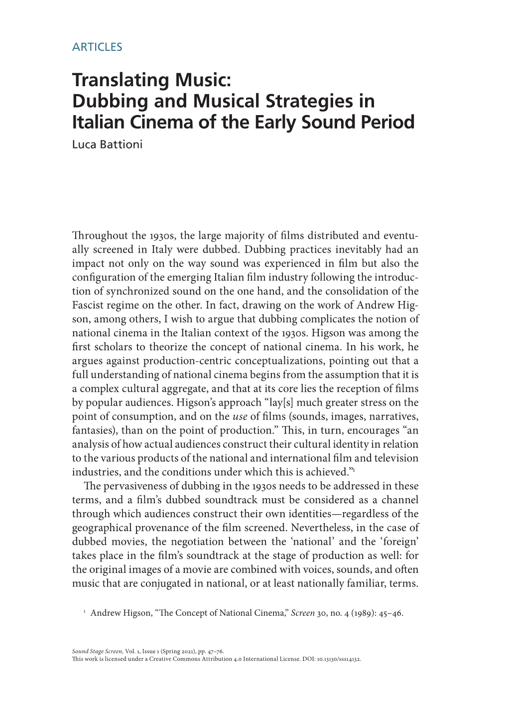 Translating Music: Dubbing and Musical Strategies in Italian Cinema of the Early Sound Period Luca Battioni