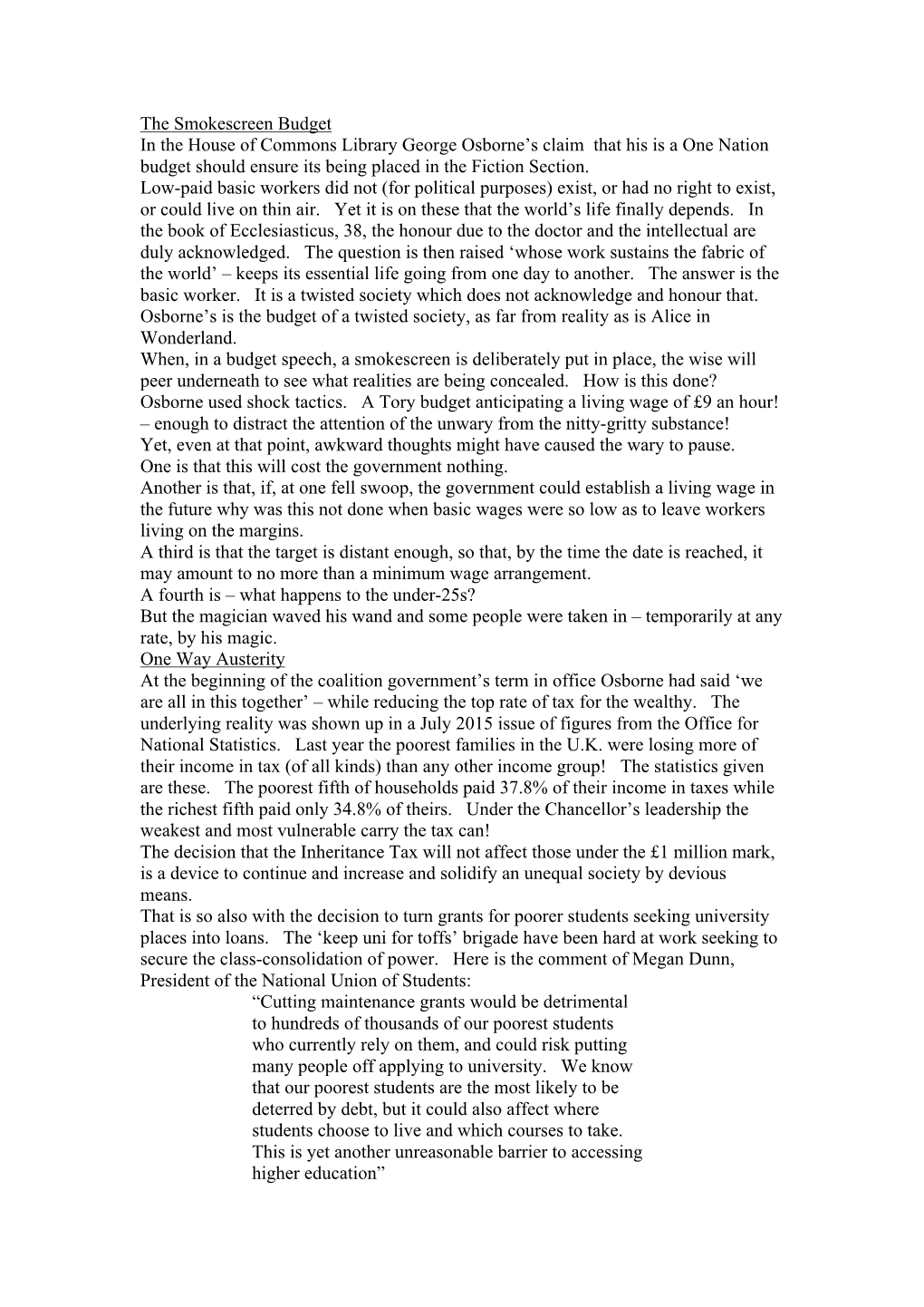 The Smokescreen Budget in the House of Commons Library George Osborne’S Claim That His Is a One Nation Budget Should Ensure Its Being Placed in the Fiction Section