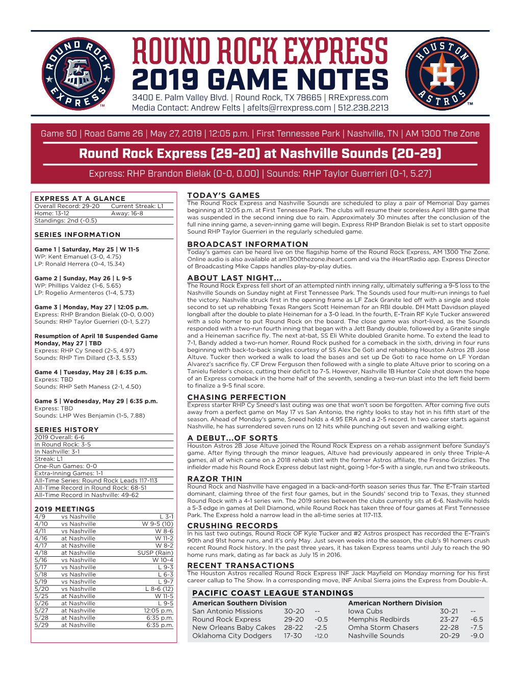 Round Rock Express 2019 GAME NOTES 3400 E