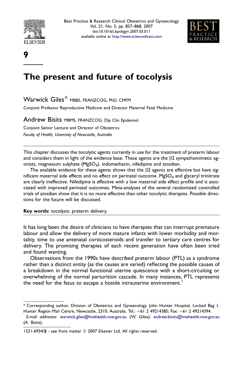 9 the Present and Future of Tocolysis