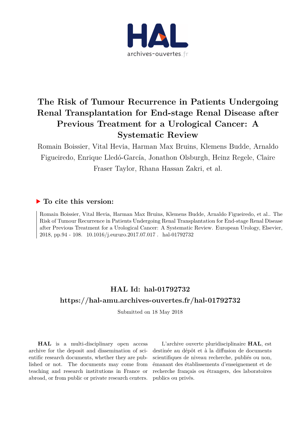 The Risk of Tumour Recurrence in Patients Undergoing Renal