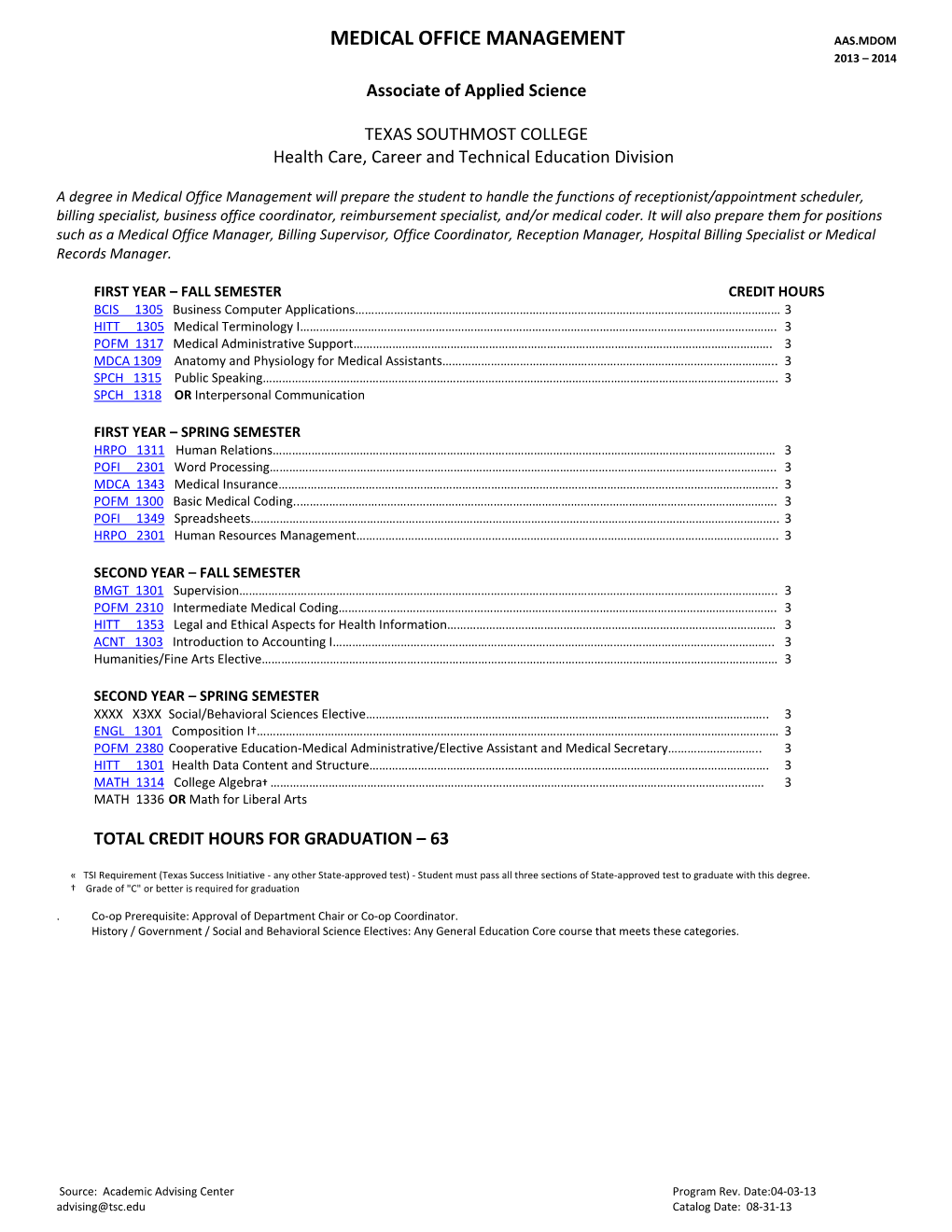 Medical Office Management Aas.Mdom 2013 – 2014