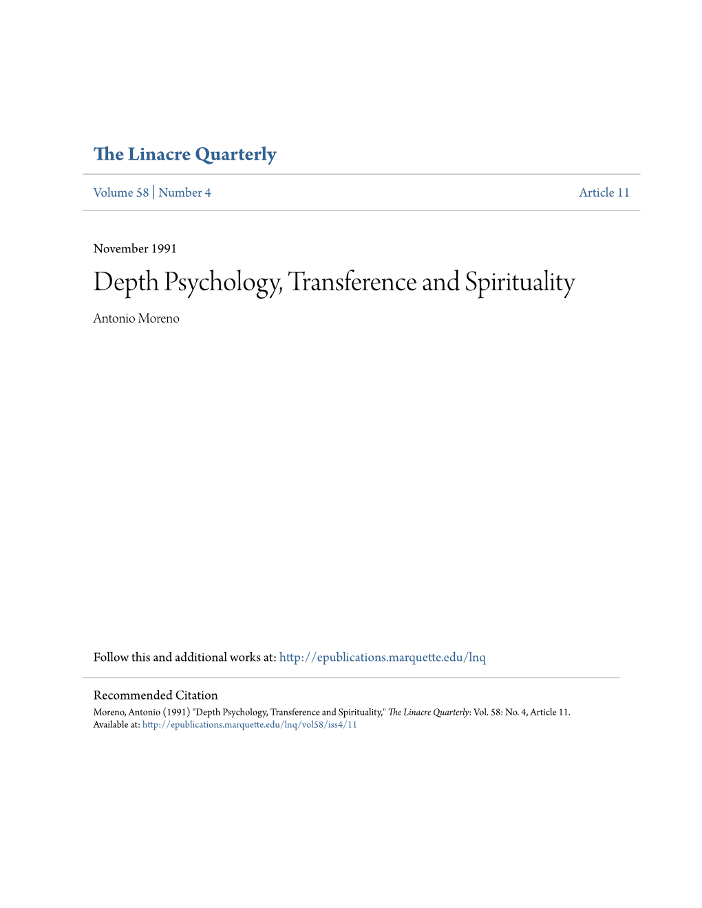 Depth Psychology, Transference and Spirituality Antonio Moreno