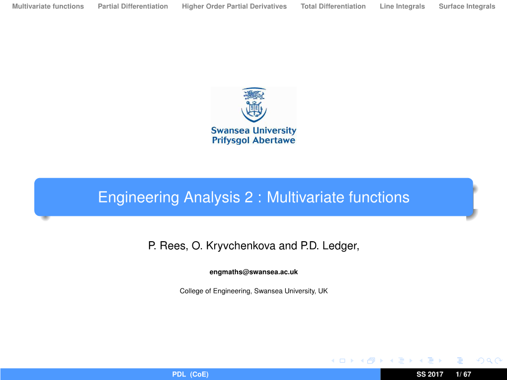 Engineering Analysis 2 : Multivariate Functions