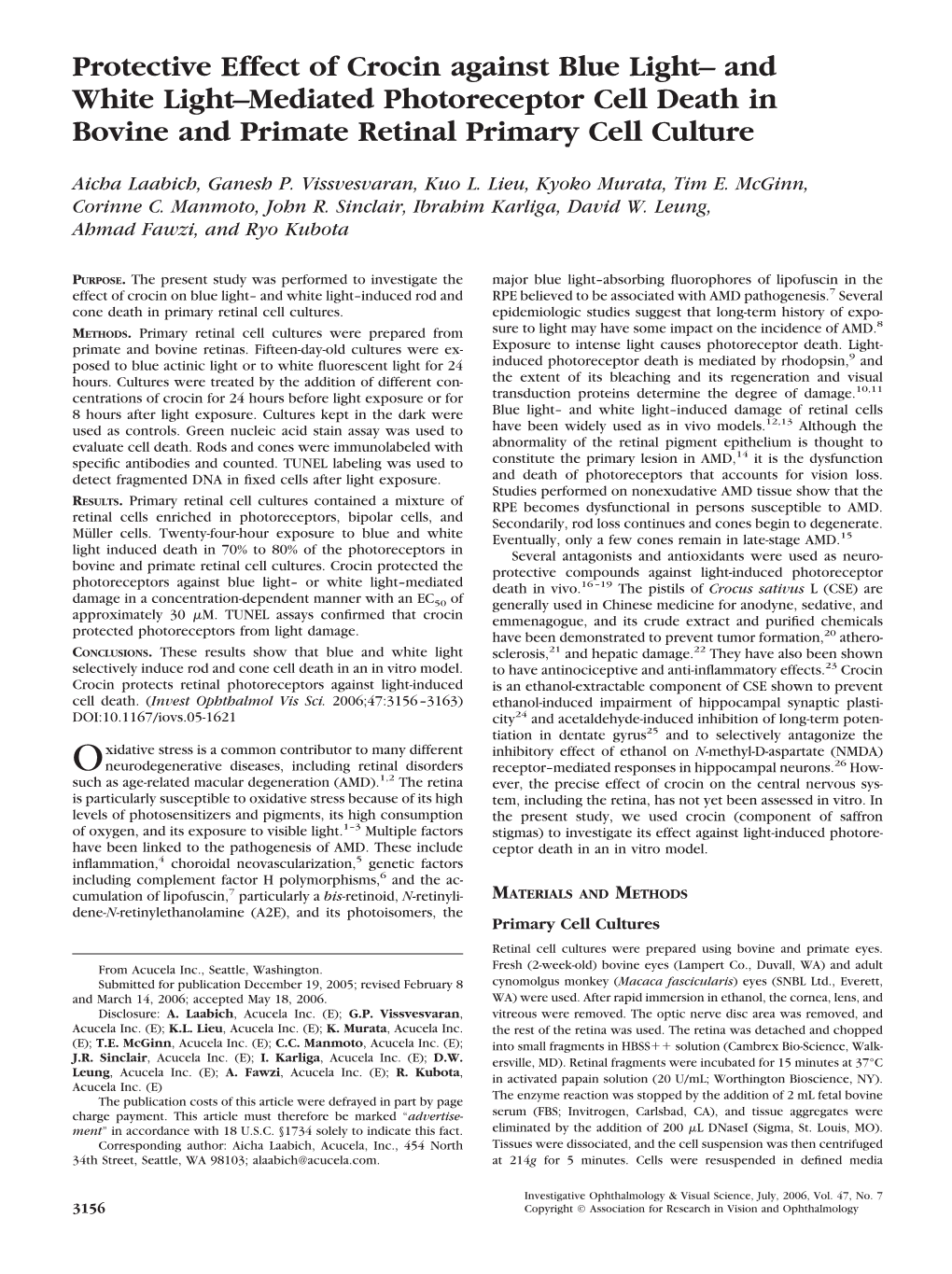 Protective Effect of Crocin Against Blue Light– and White Light–Mediated Photoreceptor Cell Death in Bovine and Primate Retinal Primary Cell Culture