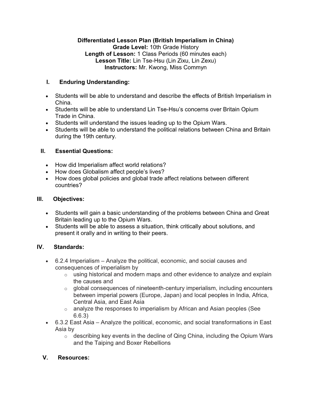 Differentiated Lesson Plan (British Imperialism In China)