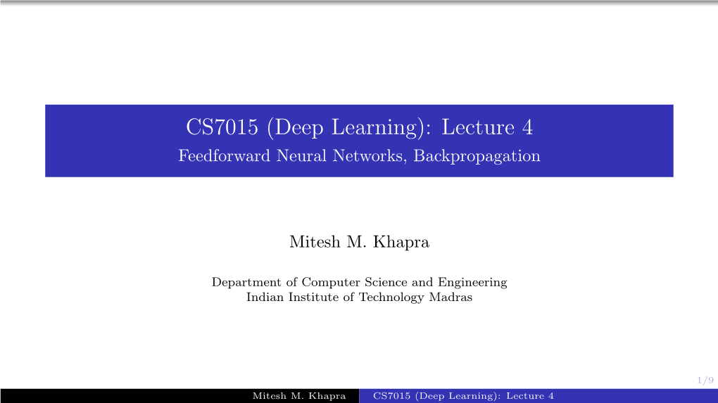 Lecture 4 Feedforward Neural Networks, Backpropagation